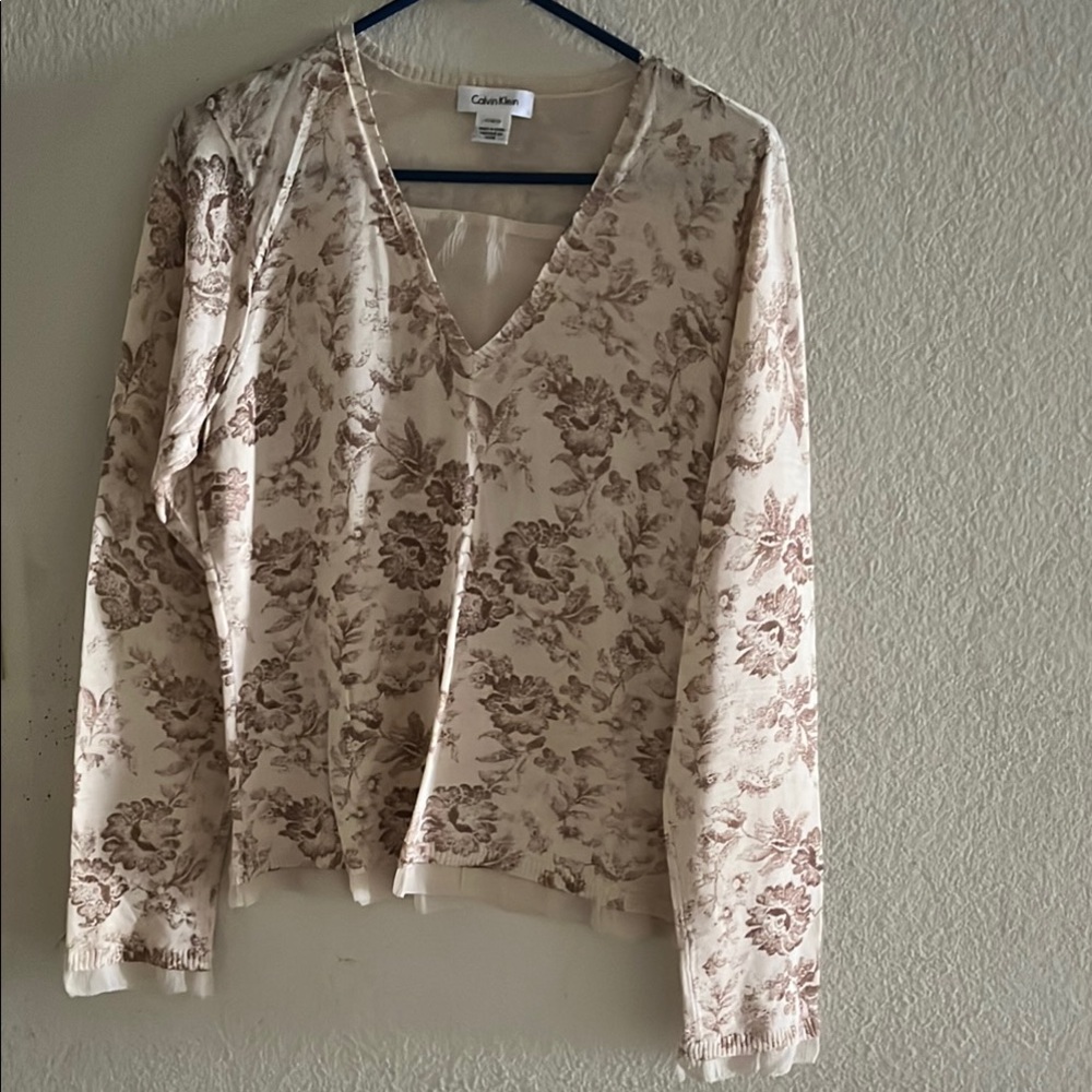 Calvin Klein Women's V-Neck Floral Blouse - Cream and Brown